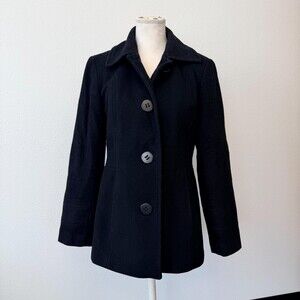 Calvin Klein Pea Coat Women's Size 2 Black Wool Blend Button Front Long Sleeve